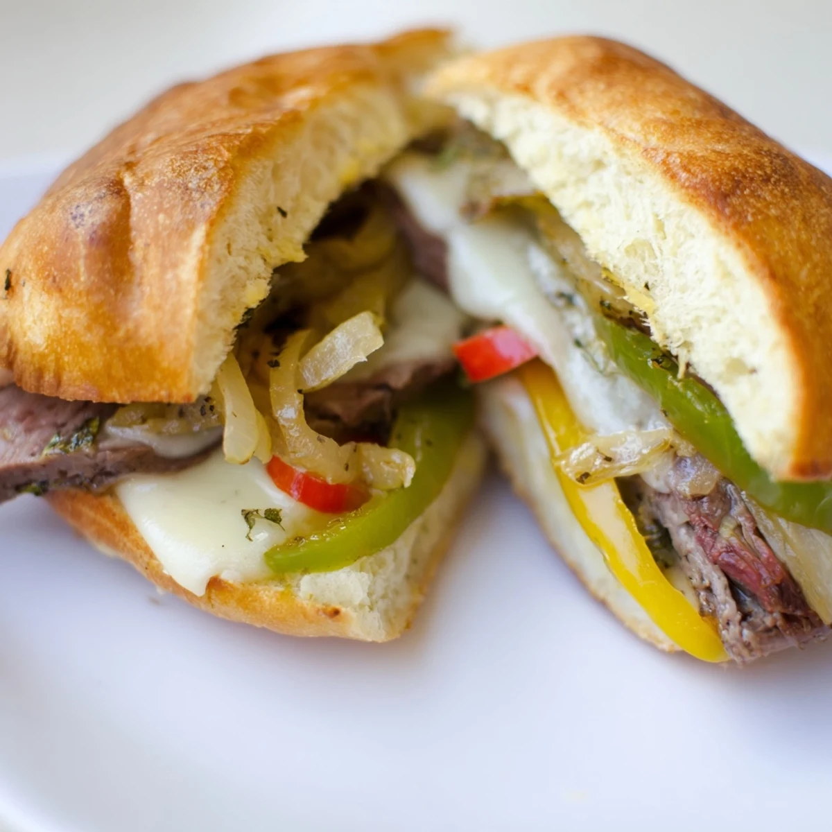 Stacked MVP Philly cheesesteak sliders reveal layers of juicy beef, peppers, onions, and melted provolone inside.