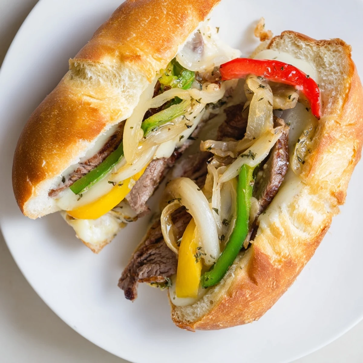 A close-up of MVP Philly cheesesteak sliders, their tops brushed with herb butter and baked to bubbly perfection.  