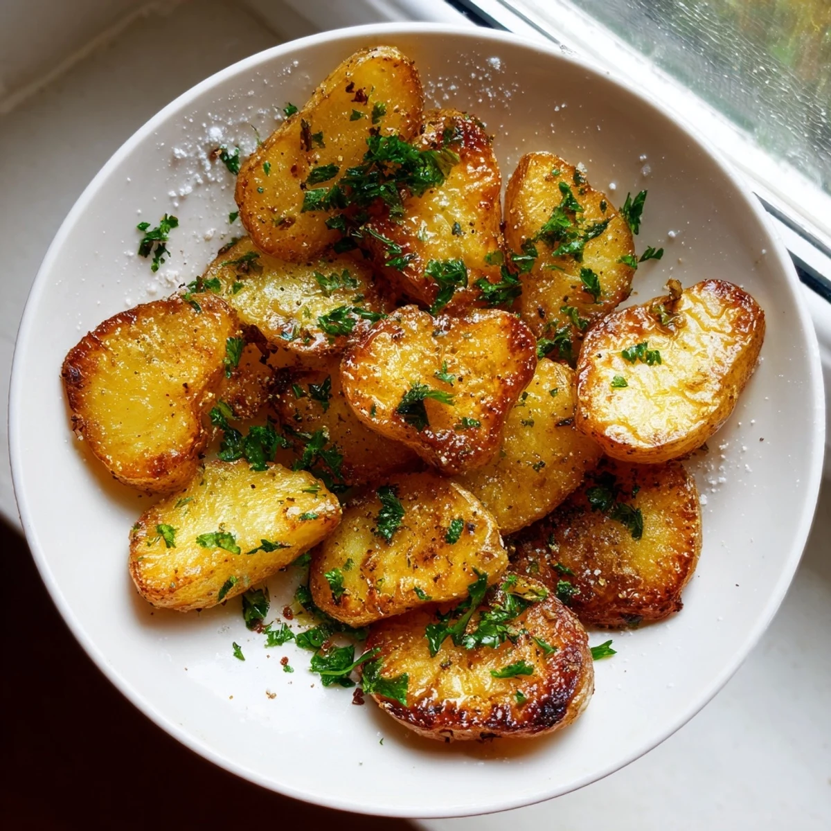 Crispy edged heart-shaped roasted potatoes garnished with fresh parsley, ready for a festive side dish.