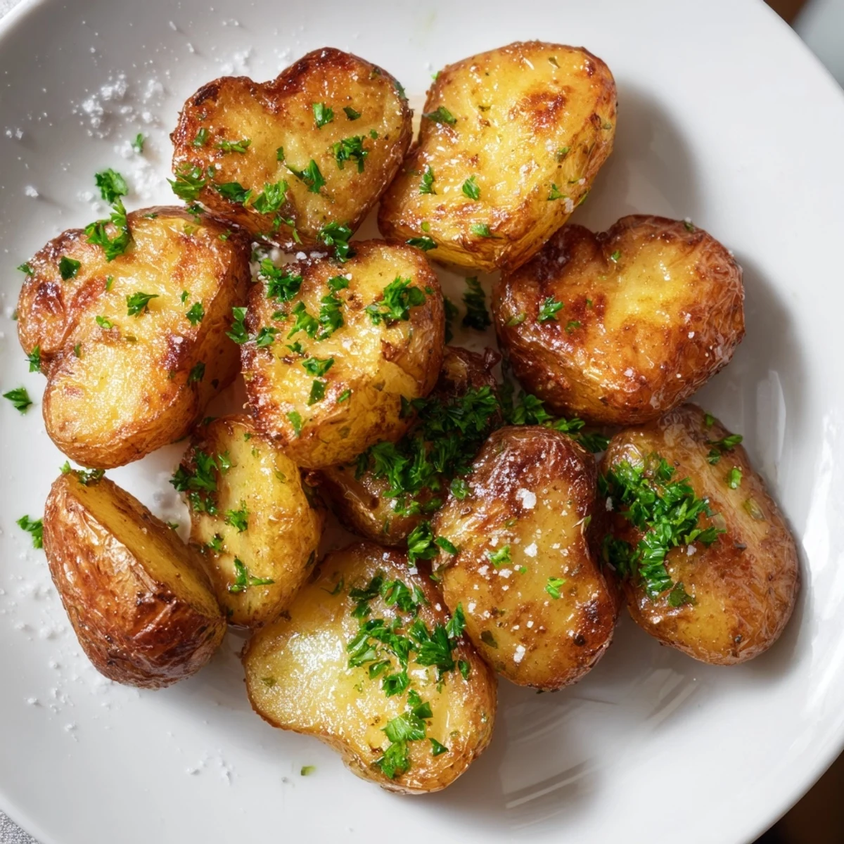 A close up of golden heart shaped roasted potatoes, lightly seasoned and perfect with any meal.