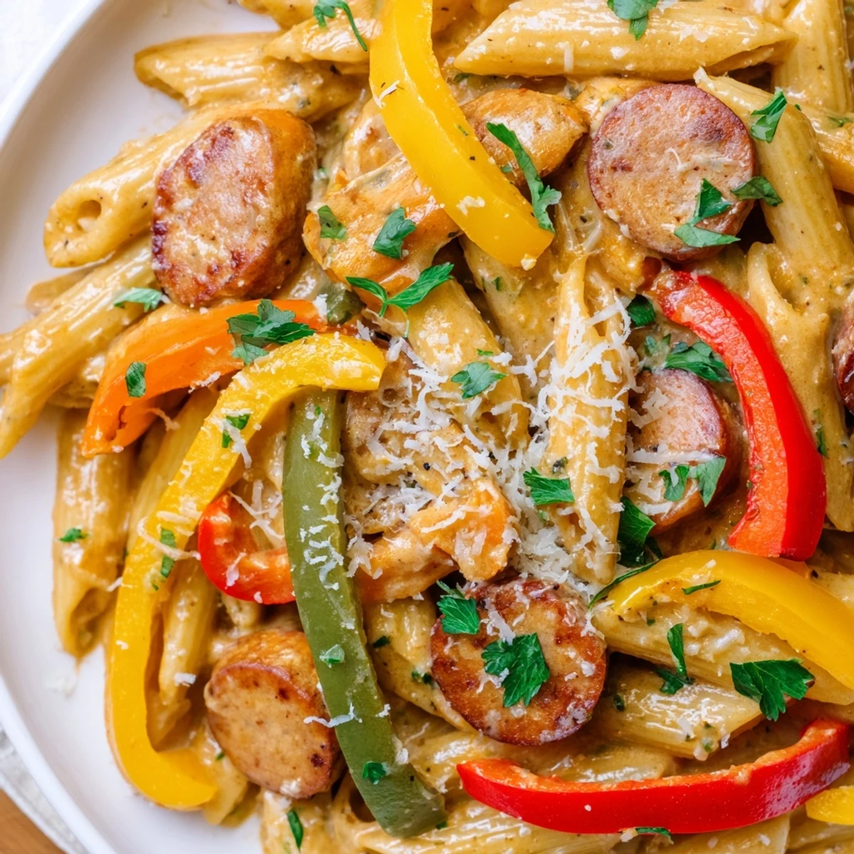 A steaming plate of Mardi Gras Pasta with Cajun sauce, featuring penne coated in a creamy, spicy red-orange sauce with colorful bell peppers and chicken.