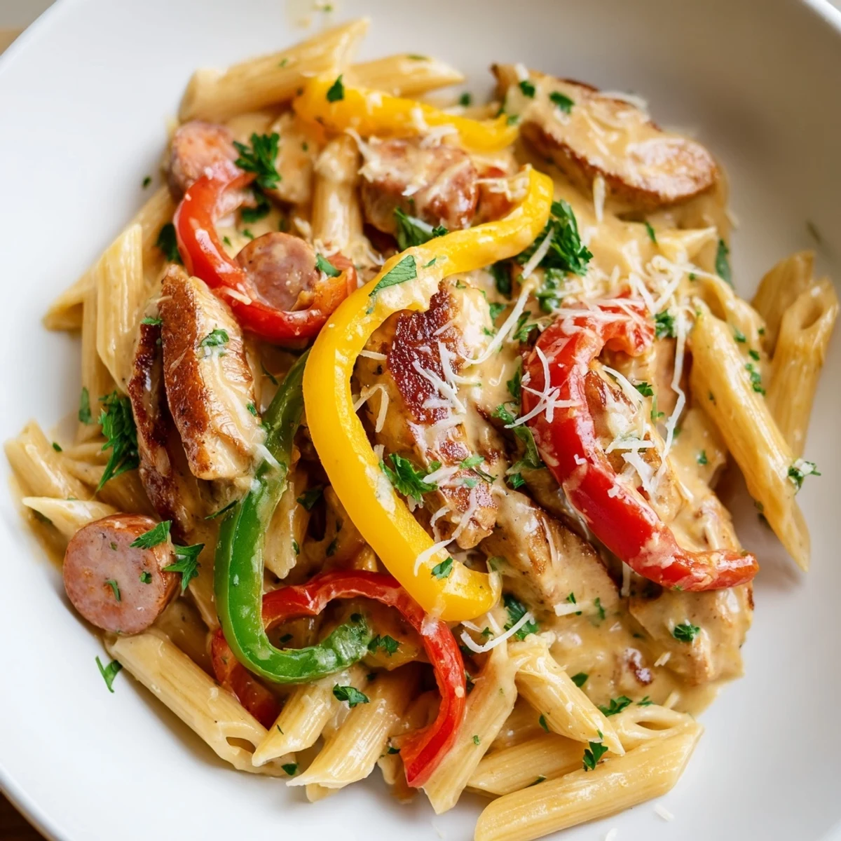 Serving suggestion for Mardi Gras Pasta with Cajun sauce: a hearty bowl tossed with bell peppers and chicken, ready to be enjoyed with grated Parmesan.