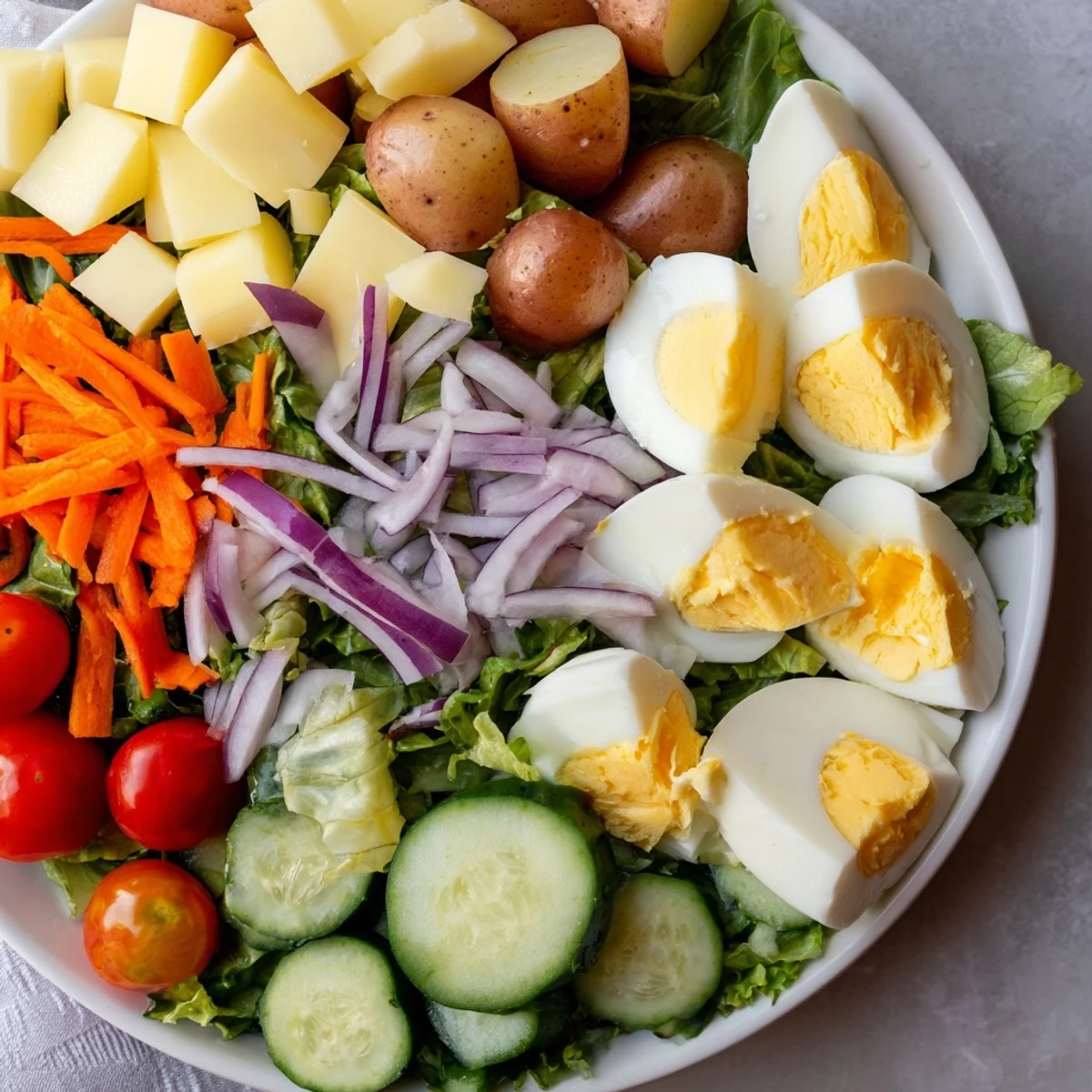 A vibrant Irish Pub Salad with hard-boiled eggs sits on a white plate, topped with creamy cheddar, pickled onions, and shiny tomatoes.