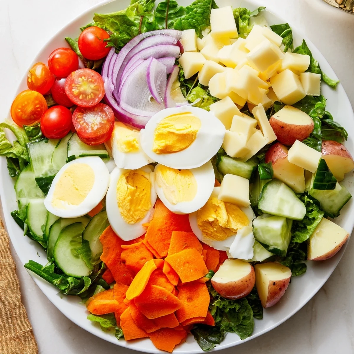Rustic Irish Pub Salad featuring tender baby potatoes, carrots, red onion, and eggs, ready to serve with a sprinkle of sharp cheddar.