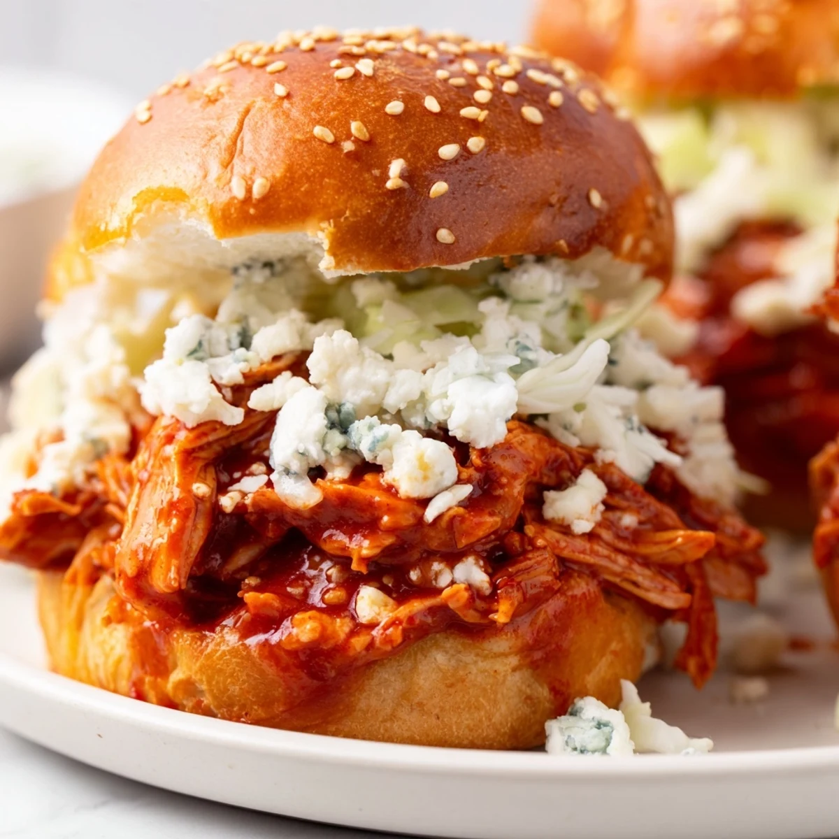 Golden-brown Super Bowl Buffalo Chicken Sliders stacked high with tender shredded chicken and creamy ranch slaw.