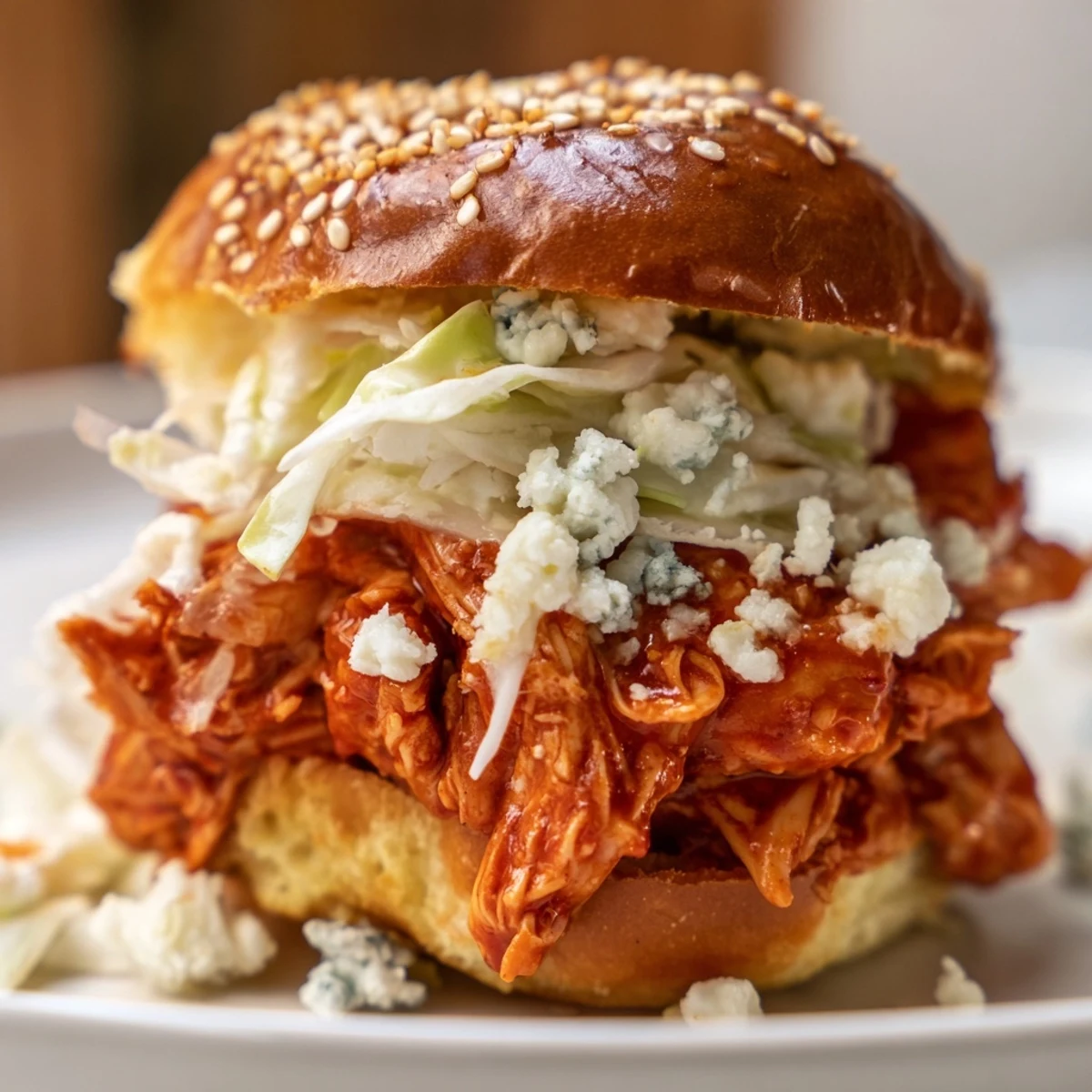 A close-up view of buffalo chicken sliders topped with crumbled blue cheese and fresh chives.
