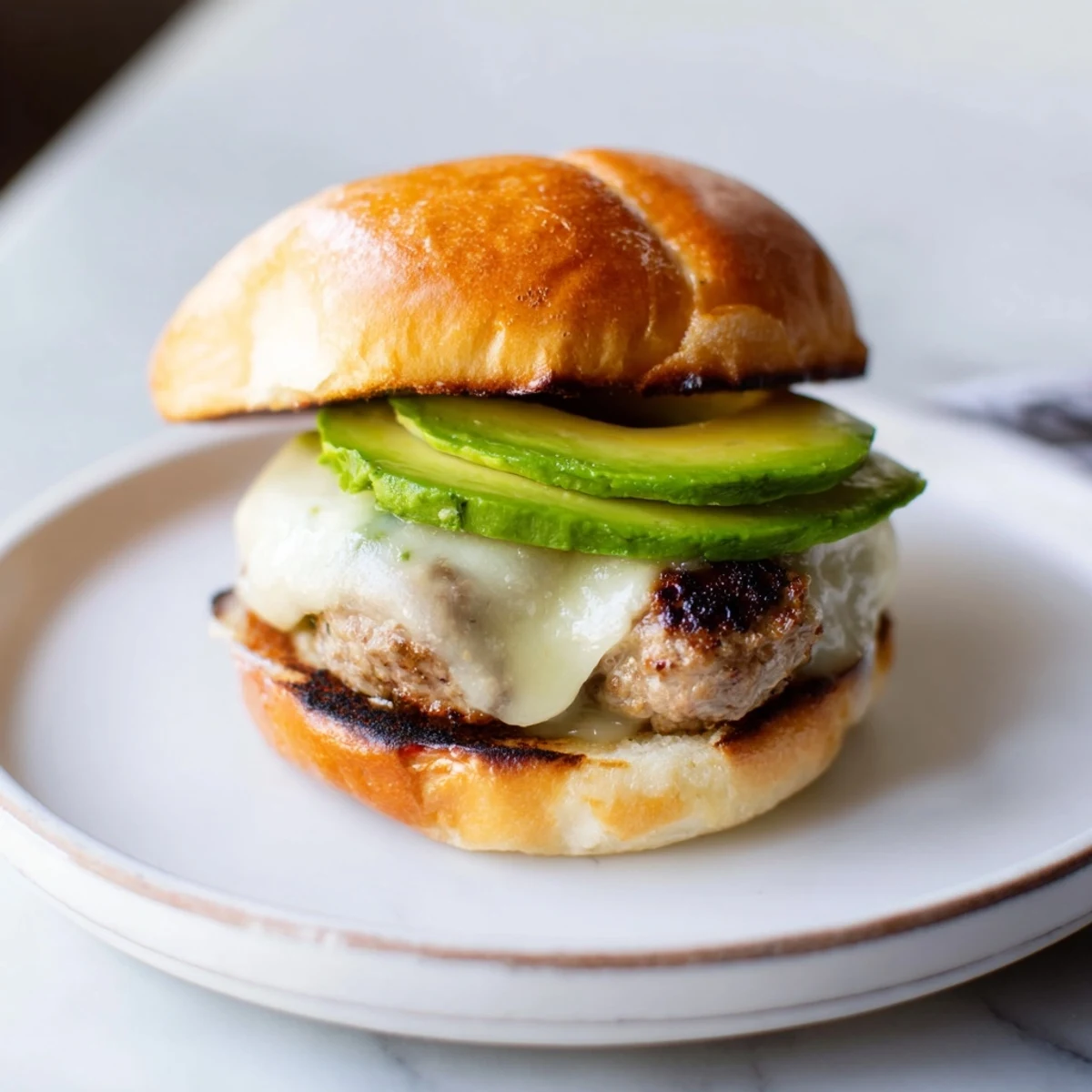 Juicy turkey burger with melted Swiss cheese and creamy avocado slices on a toasted whole wheat bun.
