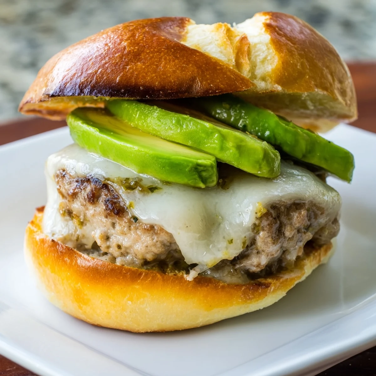 A plated turkey burger with Swiss cheese, avocado, and arugula, ready to serve for a wholesome meal.