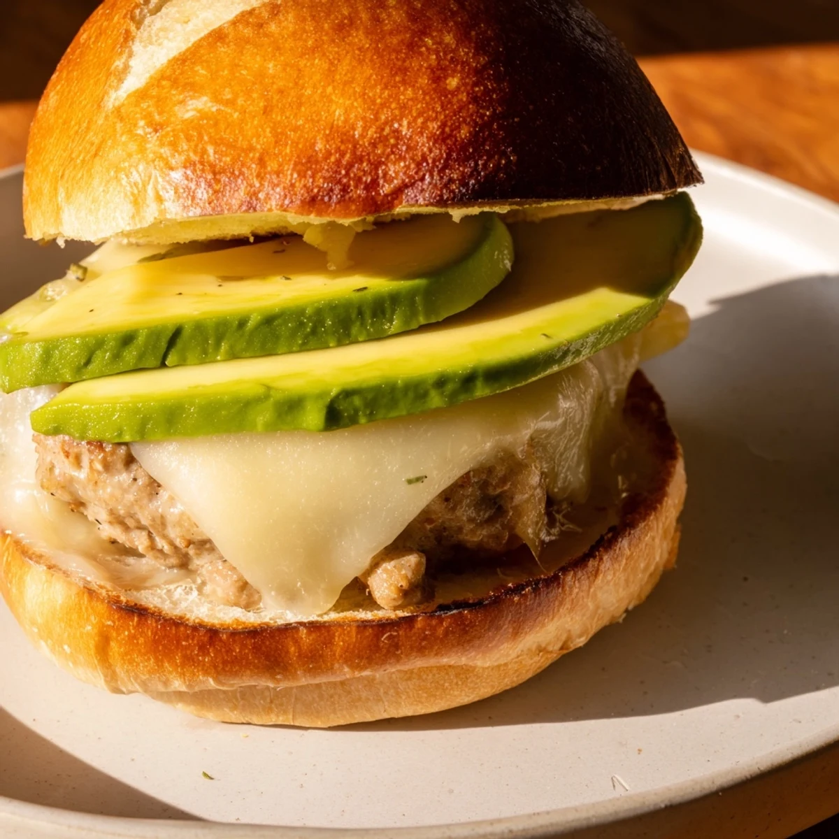 A close-up of a turkey burger with Swiss cheese, avocado, and red onion on a toasted brioche bun.