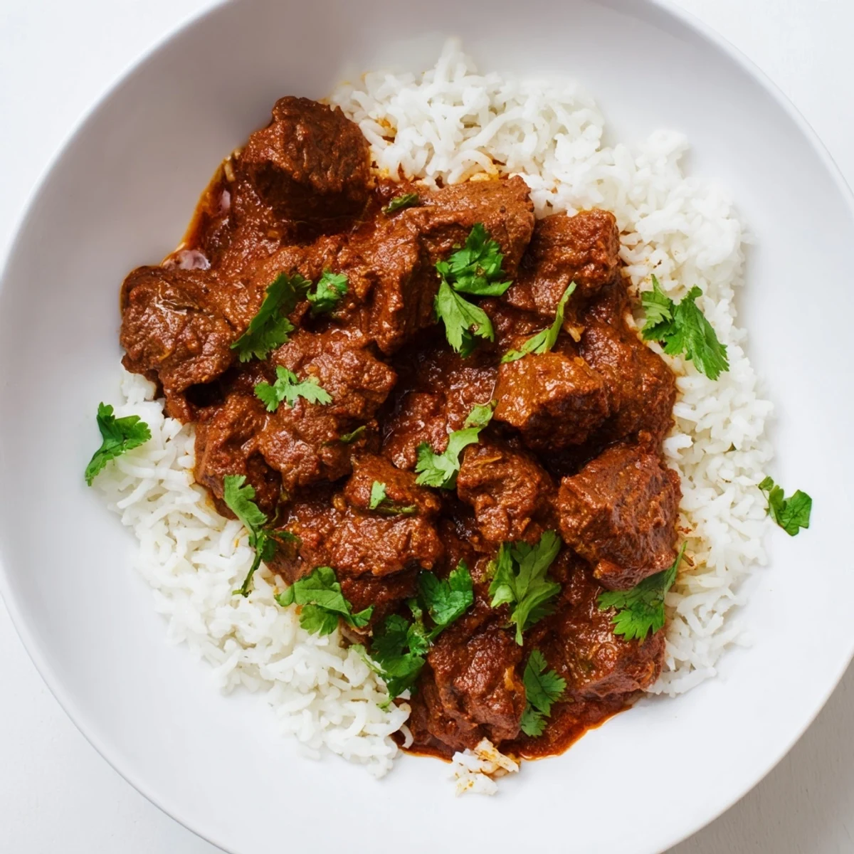 A close-up view shows the steaming dish, garnished with fresh cilantro, ready to serve as a comforting main meal.  