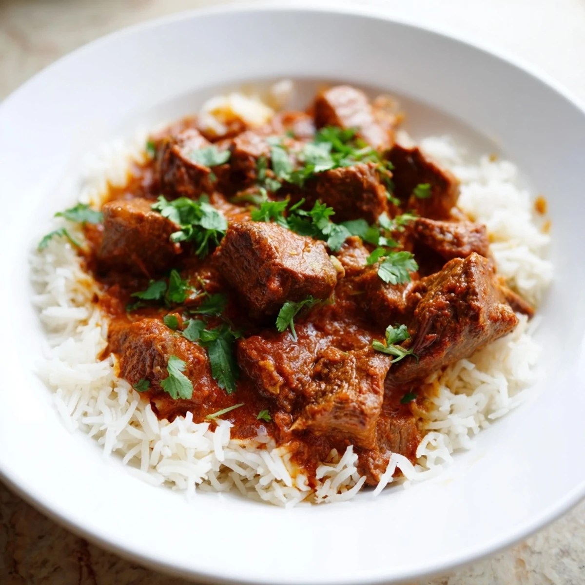 Tender chunks of beef in a rich, spiced curry served over a bed of fluffy basmati rice in this Spicy Beef Curry with Basmati Rice.  
