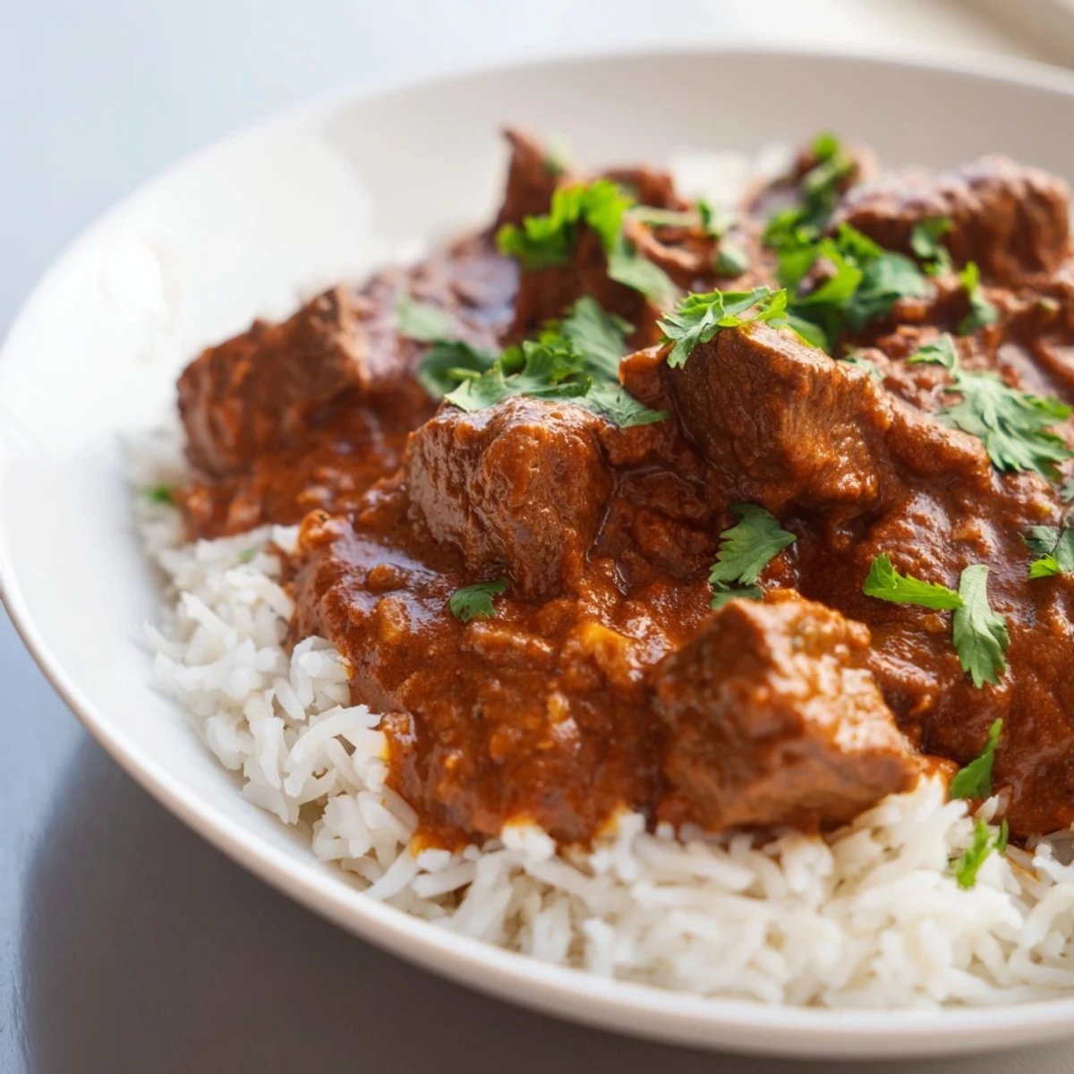 This homemade Spicy Beef Curry with Basmati Rice features golden rice beside a bowl of deep red, aromatic curry.