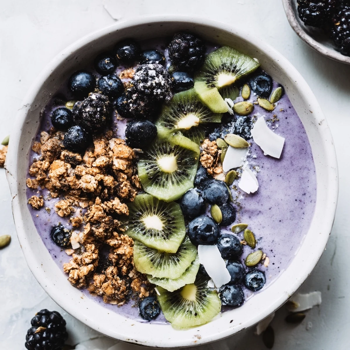 Close-up of a thick Winter Berry Smoothie Bowl topped with granola, kiwi slices, and colorful fresh berries.