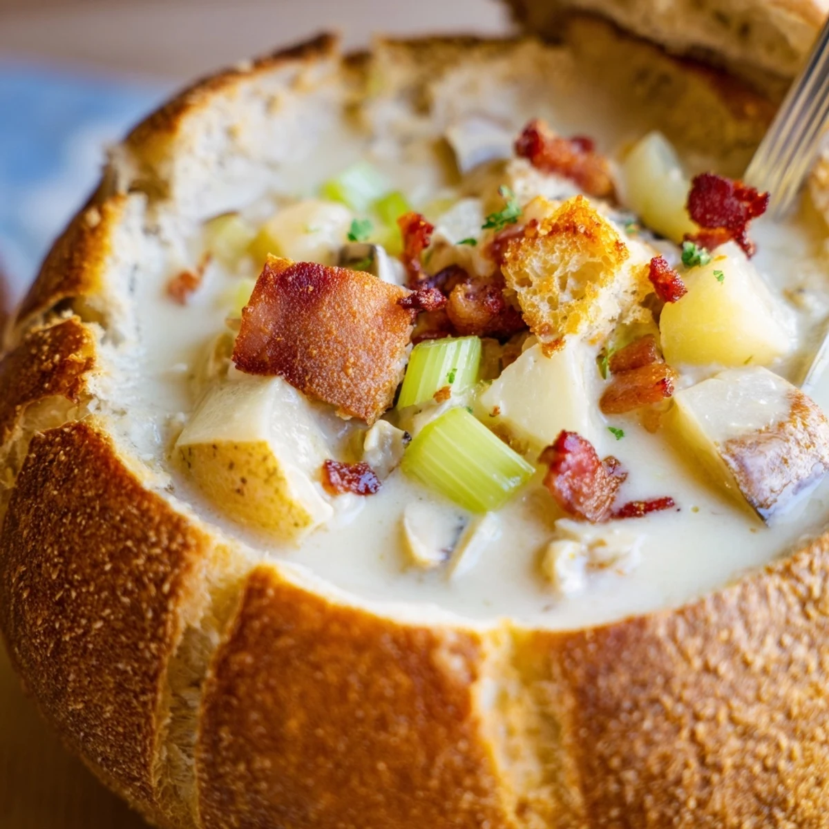 Creamy New England clam chowder fills a crusty sourdough bread bowl, garnished with crispy bacon and herbs.