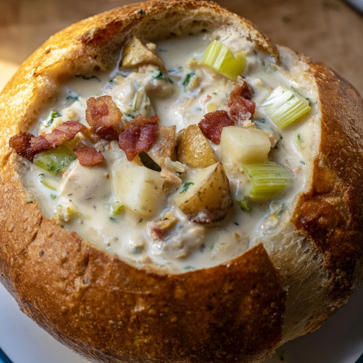 Warm, velvety clam chowder in a hollowed sourdough loaf, dotted with tender potatoes and smoky bacon bits.