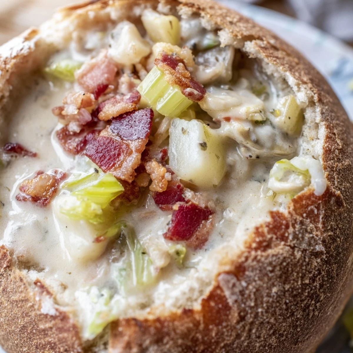 Hearty sourdough bread bowl brimming with creamy New England clam chowder, perfect for a cozy lunch or dinner.