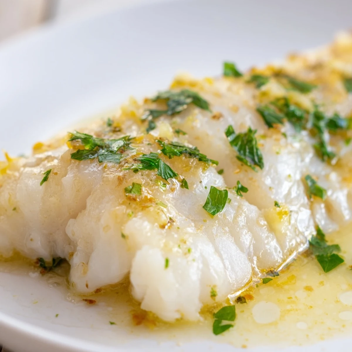 Flaky, tender baked cod in a sizzling garlic butter sauce, garnished with vibrant green parsley and lemon slices.