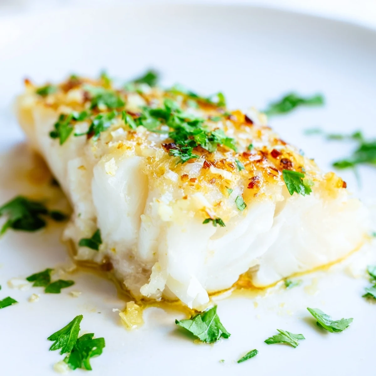 A close-up of baked cod with garlic butter and parsley, showcasing its moist texture and aromatic citrus notes.