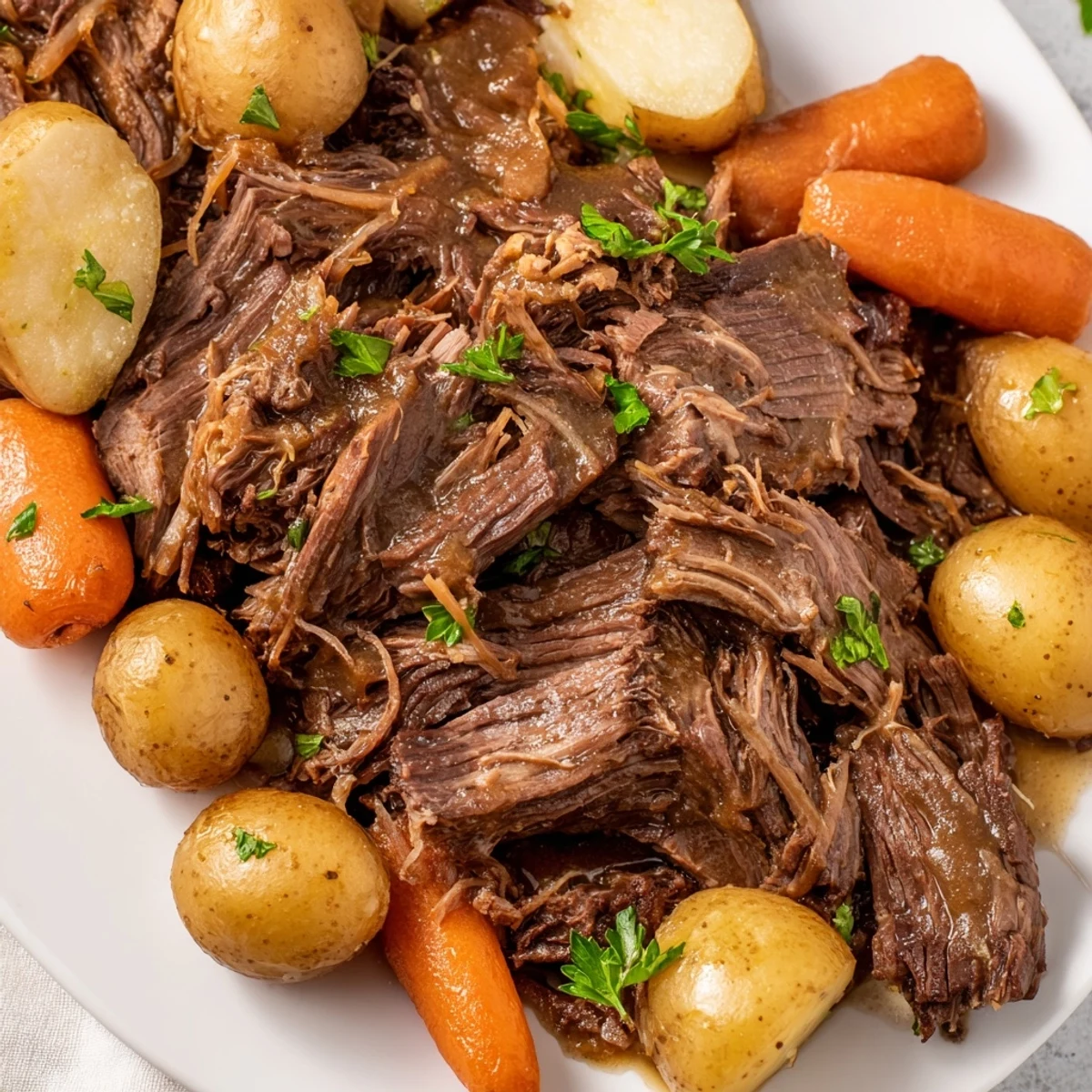 Tender Slow Cooker Beef Roast Dinner with carrots and potatoes, garnished with fresh parsley for a family-style meal.  