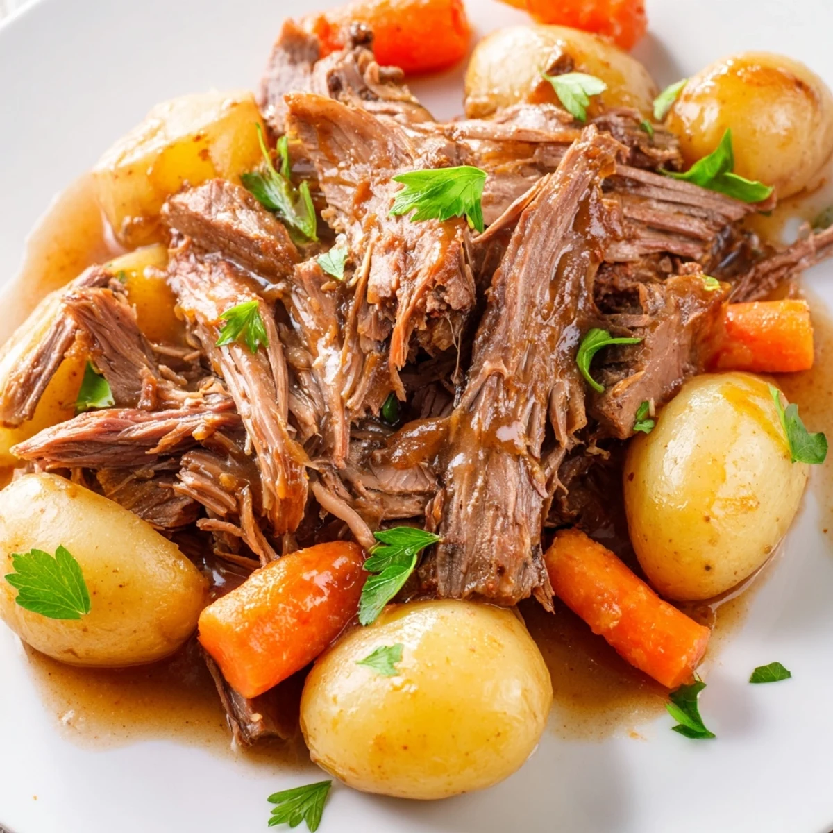 A plated serving of Slow Cooker Beef Roast Dinner, featuring juicy beef chunks and soft vegetables in savory gravy.  