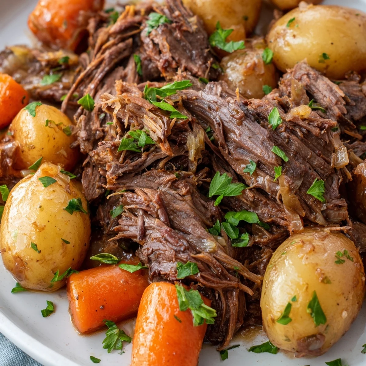 Close-up of Slow Cooker Beef Roast Dinner with rustic potatoes, carrots, and herbs, perfect for a cozy dinner.