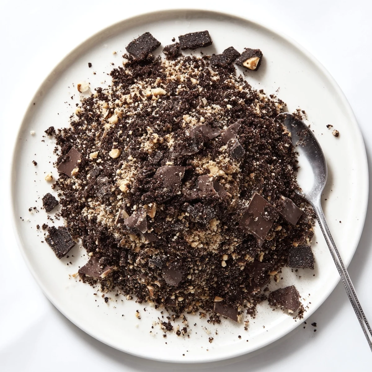 Chocolate Cookie Crumble Topping scattered over a scoop of vanilla ice cream, with extra cookie pieces and melted chocolate nearby.