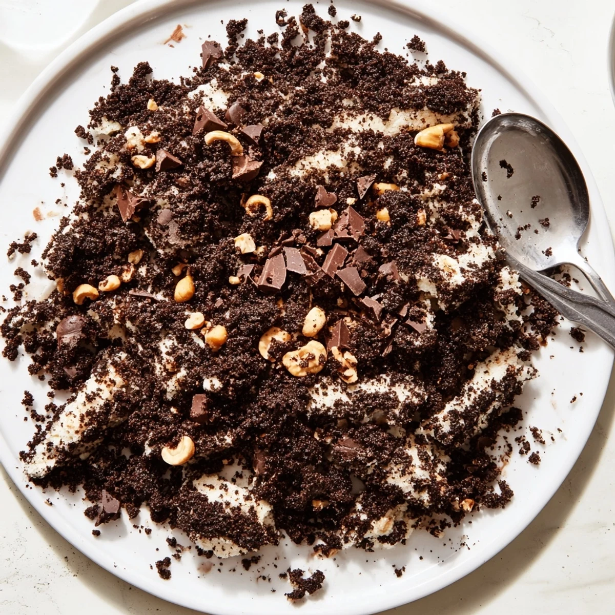 Close-up of a spoon lifting chocolate cookie crumble topping, revealing its crunchy texture from finely pulsed cookies.