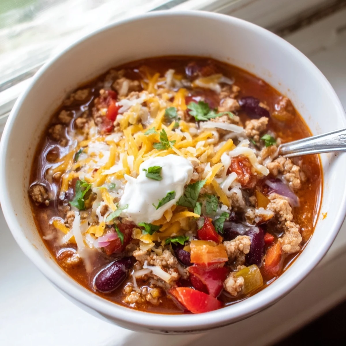 A steaming bowl of hearty turkey chili with beans and tomatoes, topped with shredded cheddar and cilantro, next to a pile of crisp whole wheat crackers.