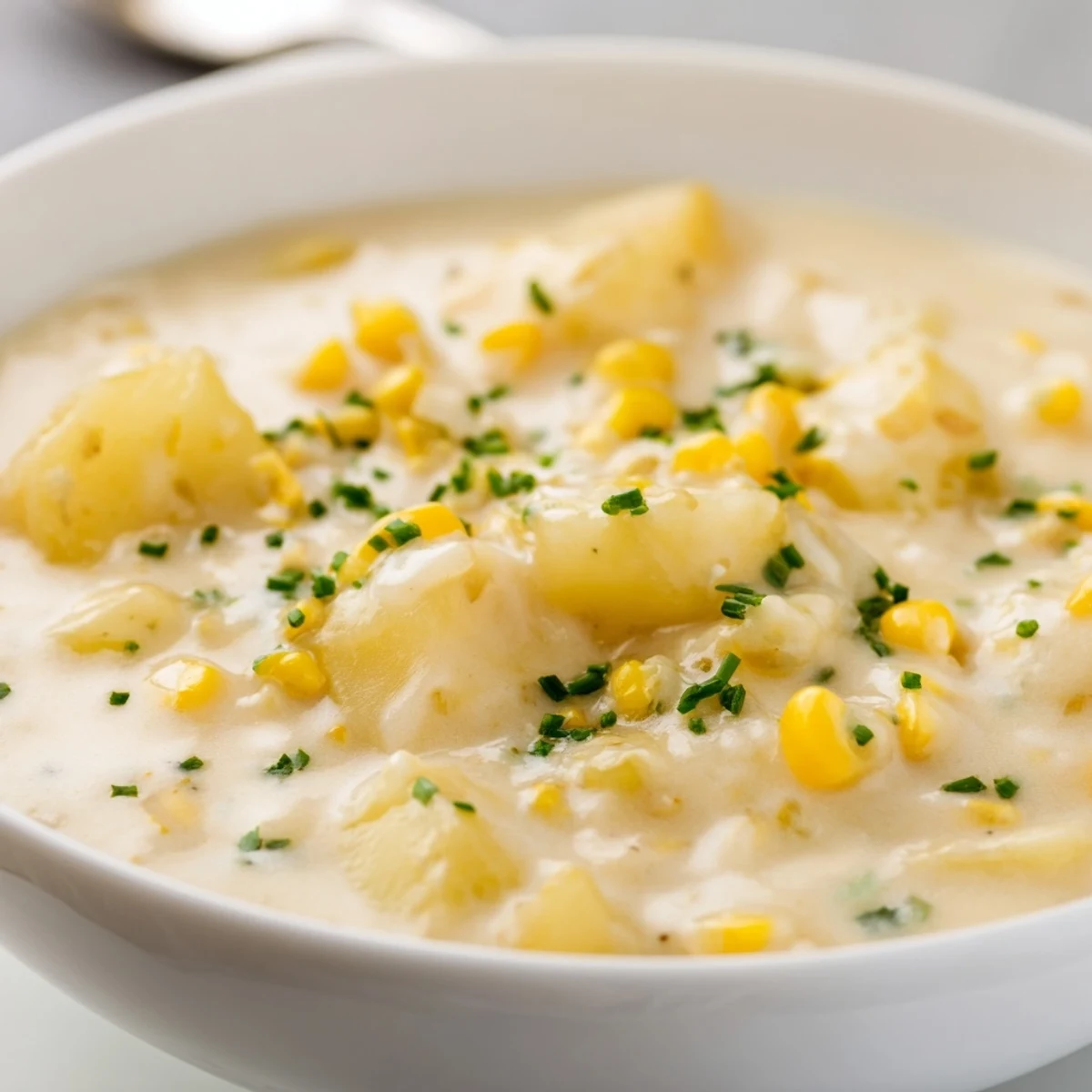 Rich Creamy Chowder with Corn and Potato served hot, featuring tender potatoes and sweet corn kernels in a velvety broth.