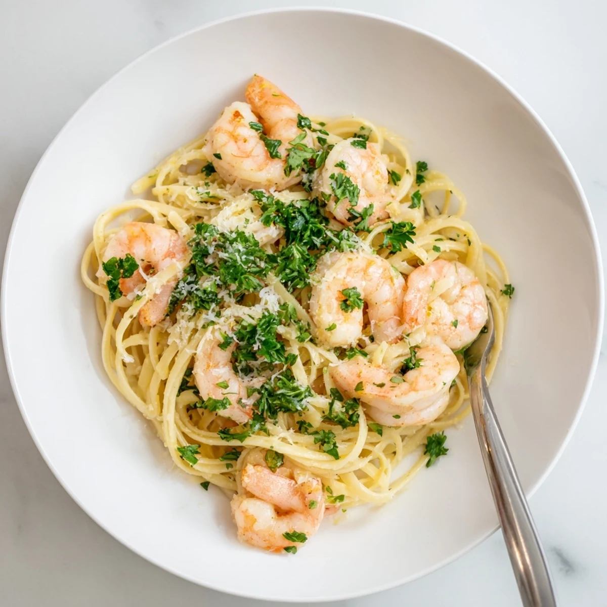 A plate of Lemon Shrimp Pasta tossed in a glossy garlic sauce, featuring plump pink shrimp and a sprinkle of Parmesan.