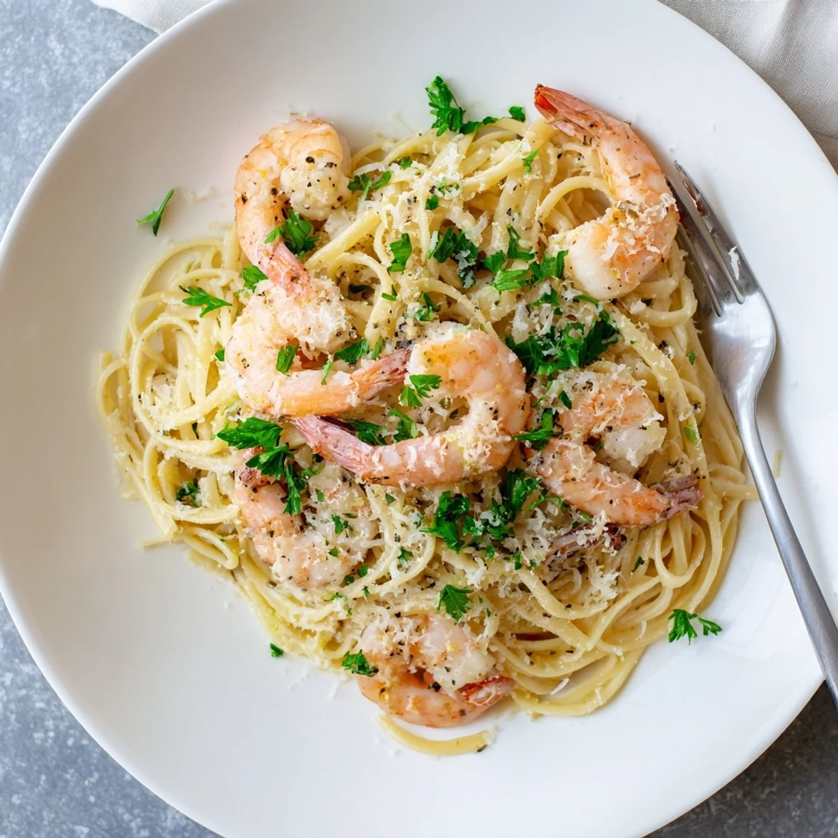 Bright, zesty Lemon Shrimp Pasta with garlic and fresh parsley, served in a white bowl with lemon wedges.