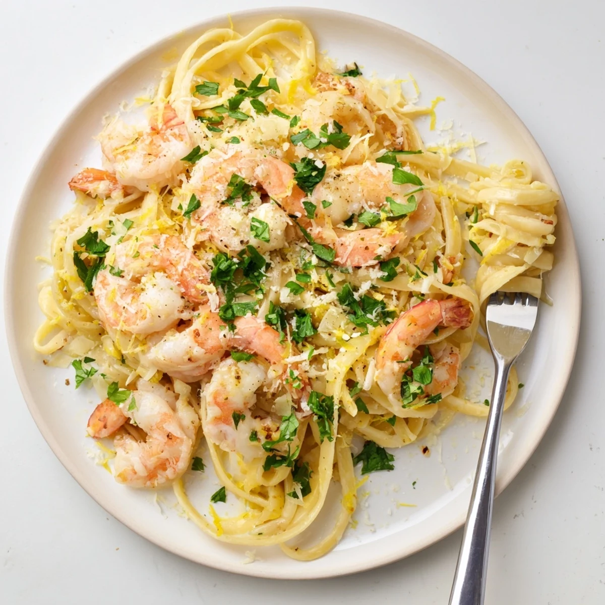 Steam rises from warm Lemon Shrimp Pasta, with sautéed shrimp and fresh parsley on linguine, ready for a quick dinner.