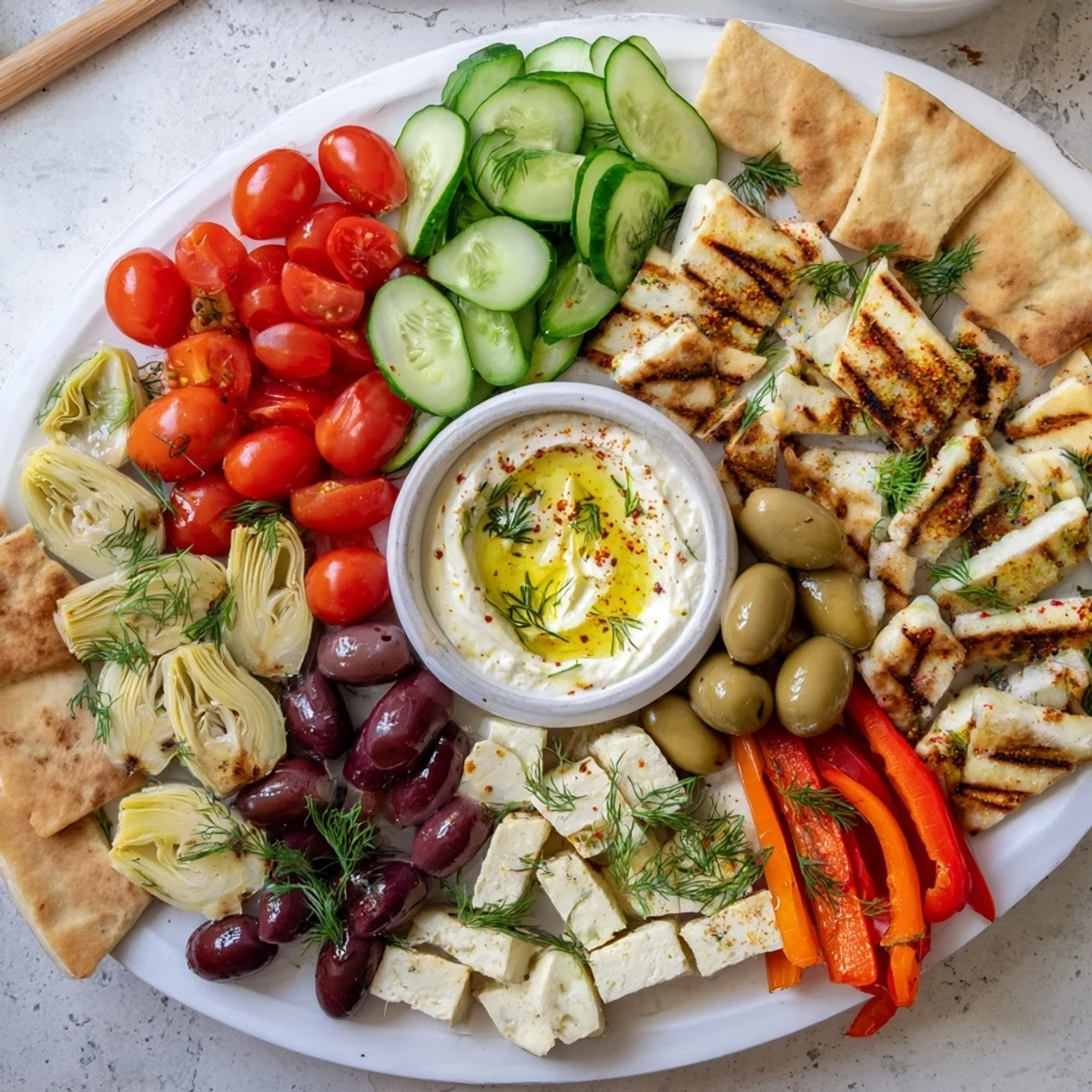 Colorful Mediterranean dish platter with feta, olives, and crisp veggies, served beside a fresh dill yogurt dip.