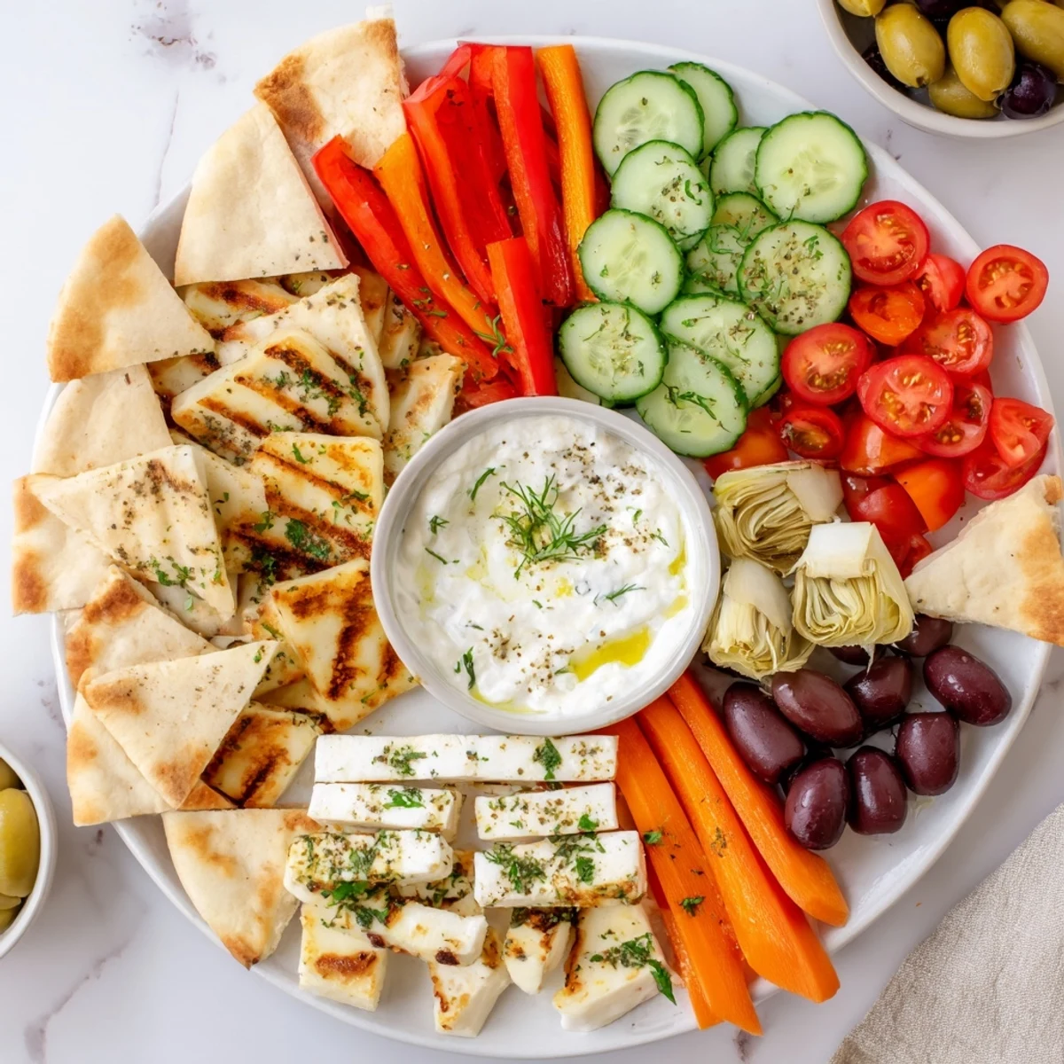 A vibrant Mediterranean dish platter with creamy Greek yogurt dip, featuring grilled halloumi, olives, and fresh vegetables.