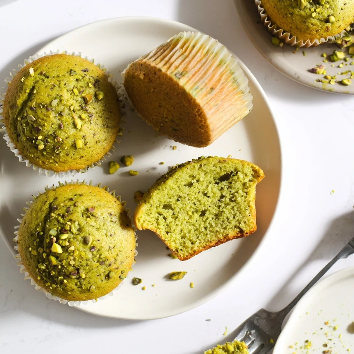 Freshly baked Green Pistachio Muffins in a muffin tin, showcasing a tender crumb and flecks of nuts, perfect for breakfast.