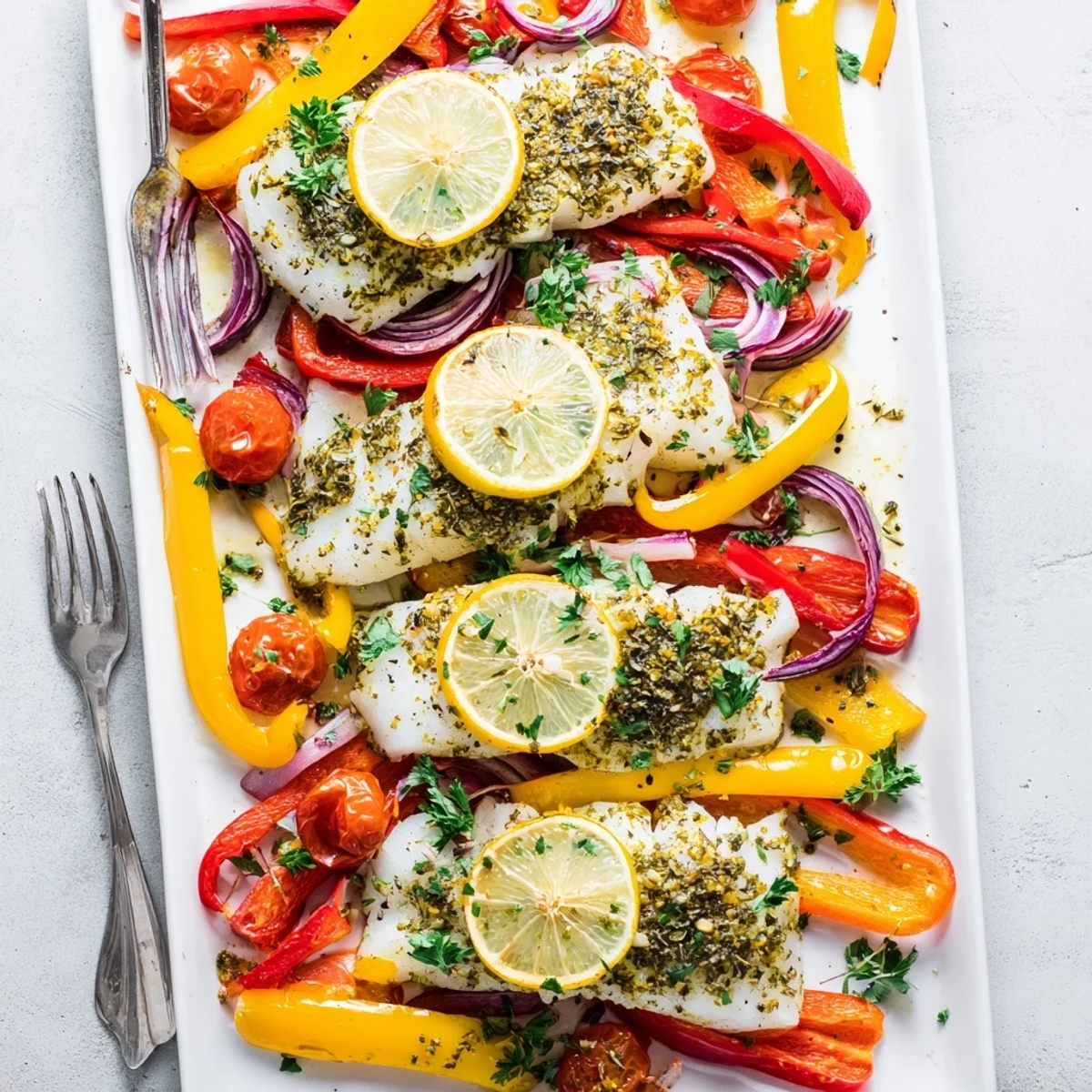 Golden-brown baked cod fillets with roasted bell peppers, cherry tomatoes, and lemon slices on a rustic tray.
