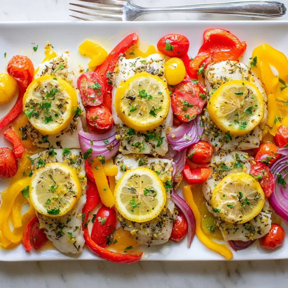 Freshly baked cod fish fillet dinner garnished with parsley, served alongside steamed asparagus for a healthy meal.
