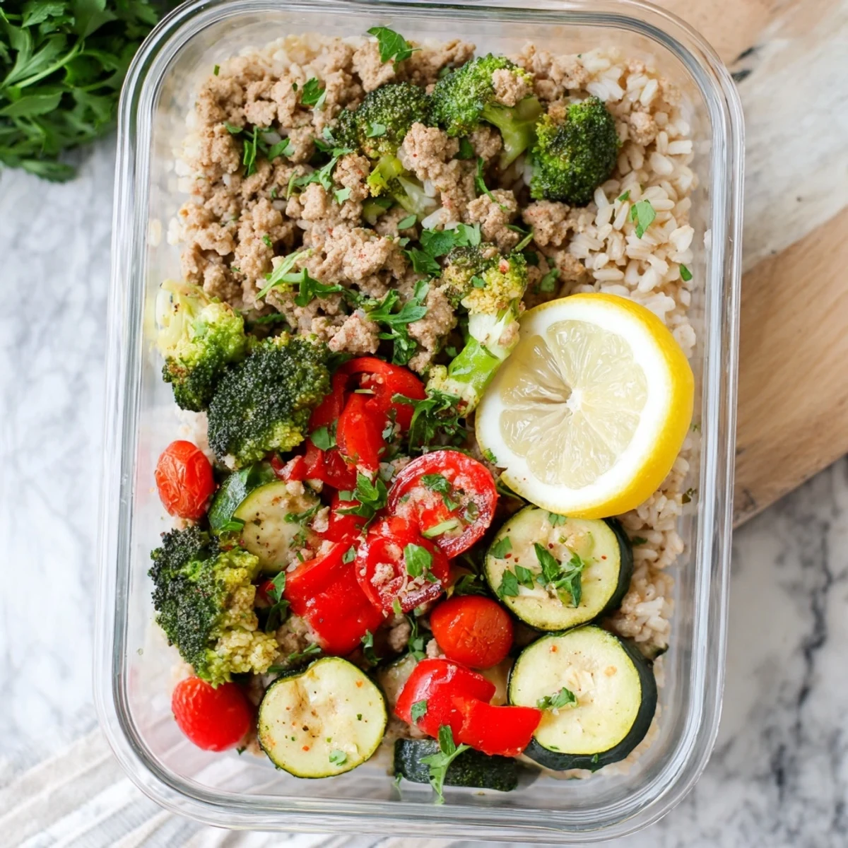 Savory turkey meal prep containers display lean ground turkey, roasted broccoli and peppers, and fluffy brown rice, ready for busy weekday lunches.