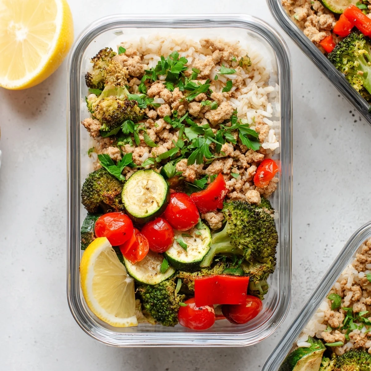 Hearty turkey meal prep containers combine seasoned ground turkey with colorful roasted vegetables and brown rice, ideal for healthy, portable meals.