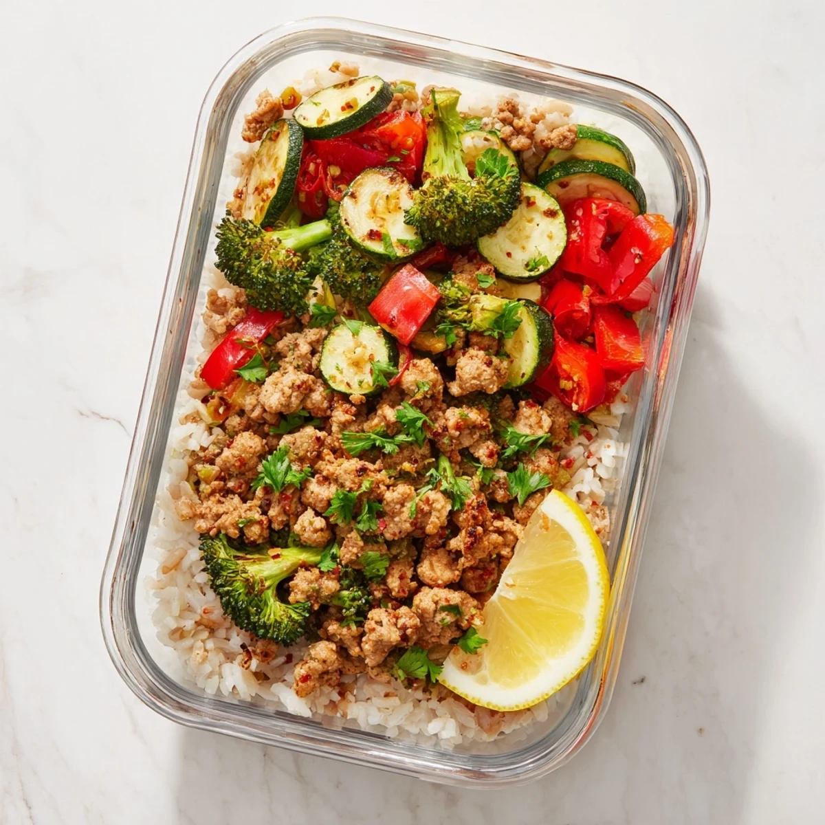 Freshly assembled turkey meal prep containers feature juicy turkey, caramelized zucchini and cherry tomatoes, and a sprinkle of parsley for a bright finish.