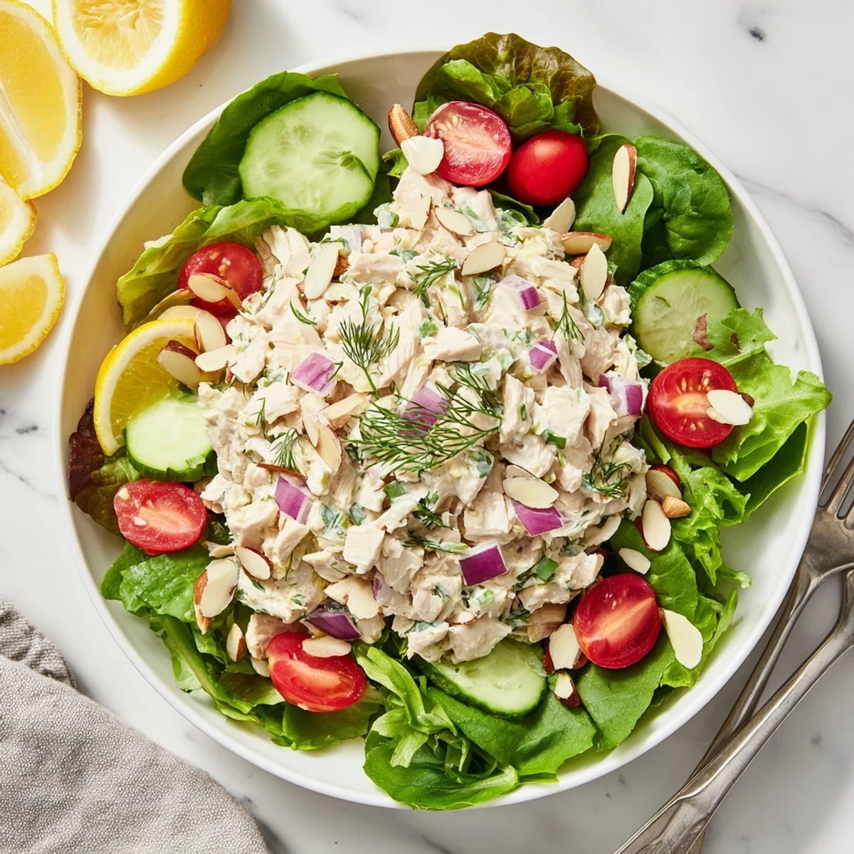 Generous scoop of creamy chicken salad with celery and dill served on a bed of fresh mixed greens.