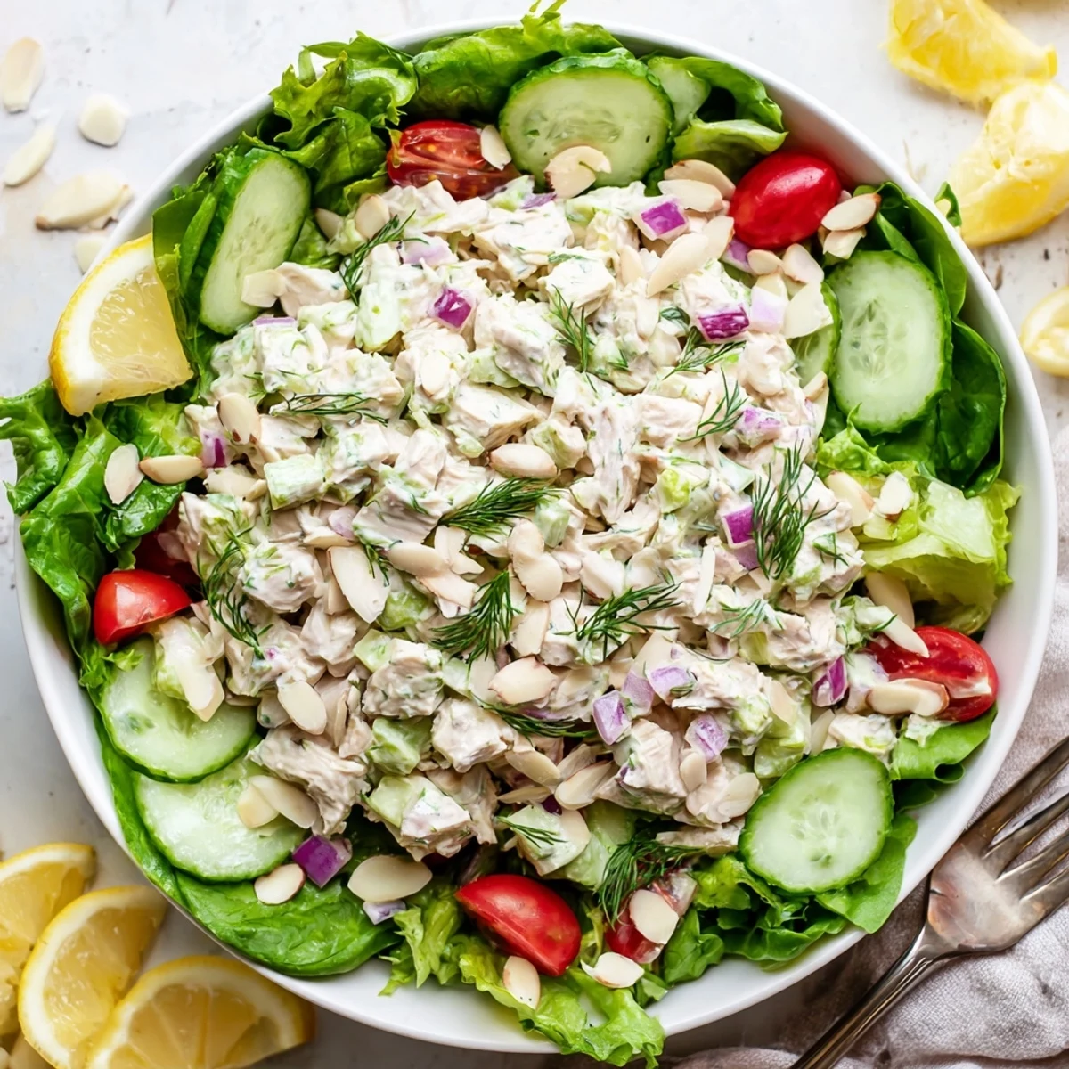 Chicken salad scoop on crisp greens garnished with cherry tomatoes, cucumber slices, and a sprinkle of dill.