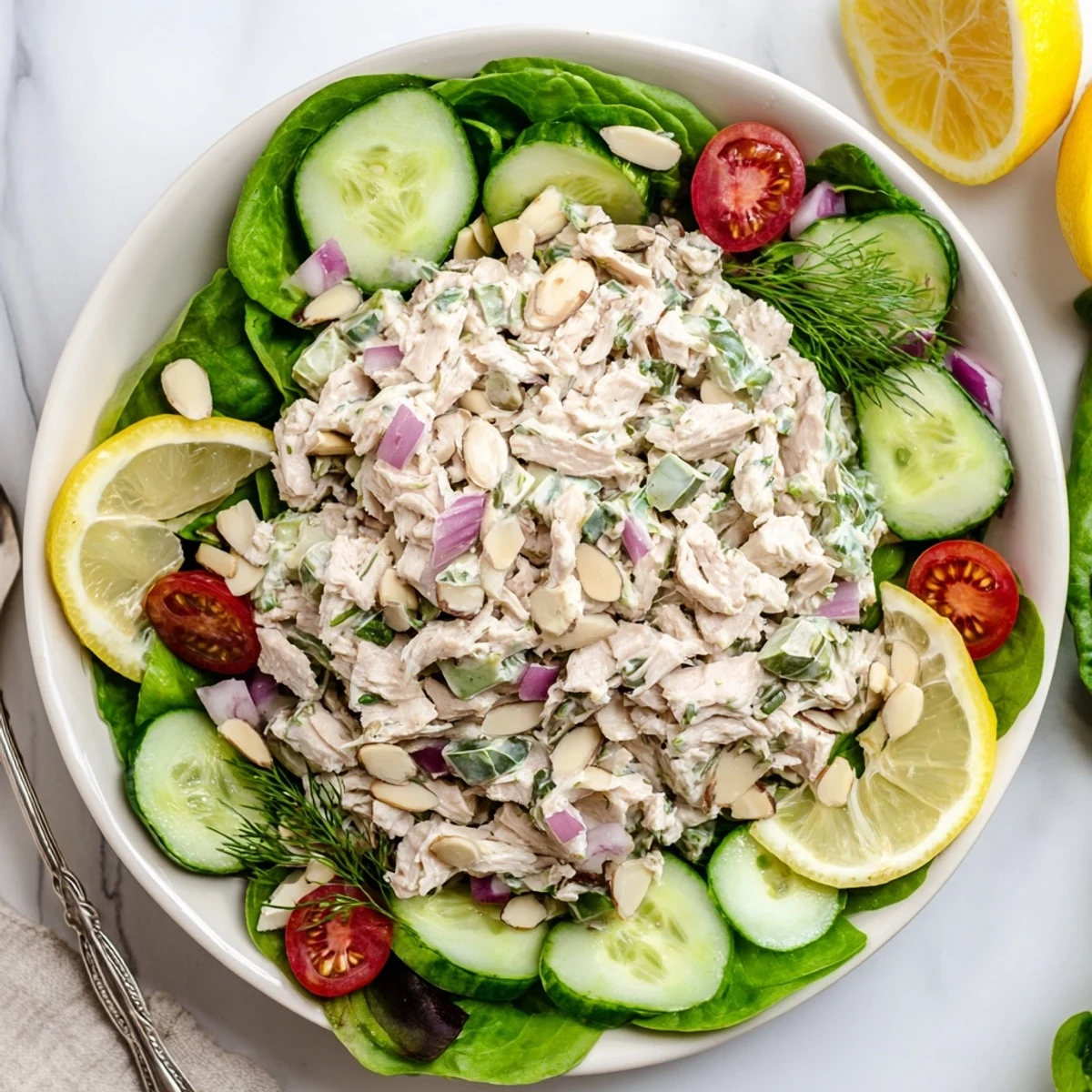 Bright plate of chicken salad atop leafy greens with lemon wedges, offering a refreshing lunchtime main dish.