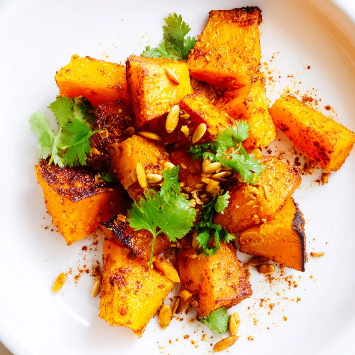 Freshly roasted pumpkin cubes, seasoned with cinnamon and chili powder, served warm as a vibrant vegetarian side dish.