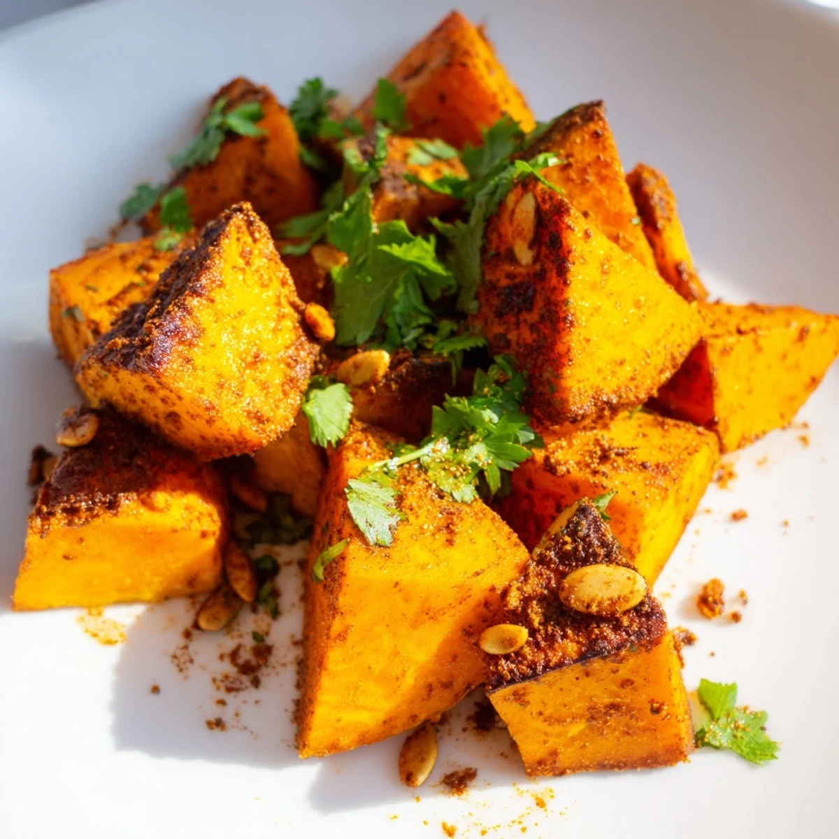 Golden roasted pumpkin cubes with cumin and smoked paprika, glistening with olive oil and herbs on a rustic platter.