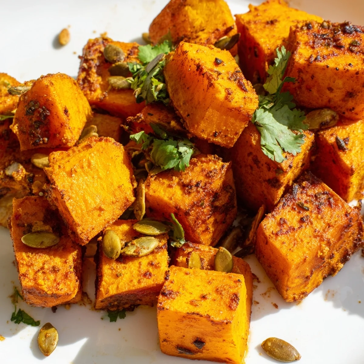 Tender roasted pumpkin cubes with crisp edges, garnished with fresh cilantro and toasted seeds, perfect for a fall snack.