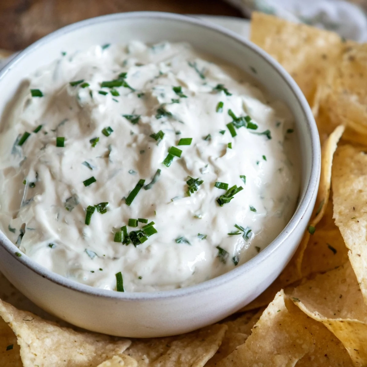 A luscious bowl of Creamy Dip Bowl with chips, surrounded by assorted vegetable chips on a rustic board for a casual party platter.