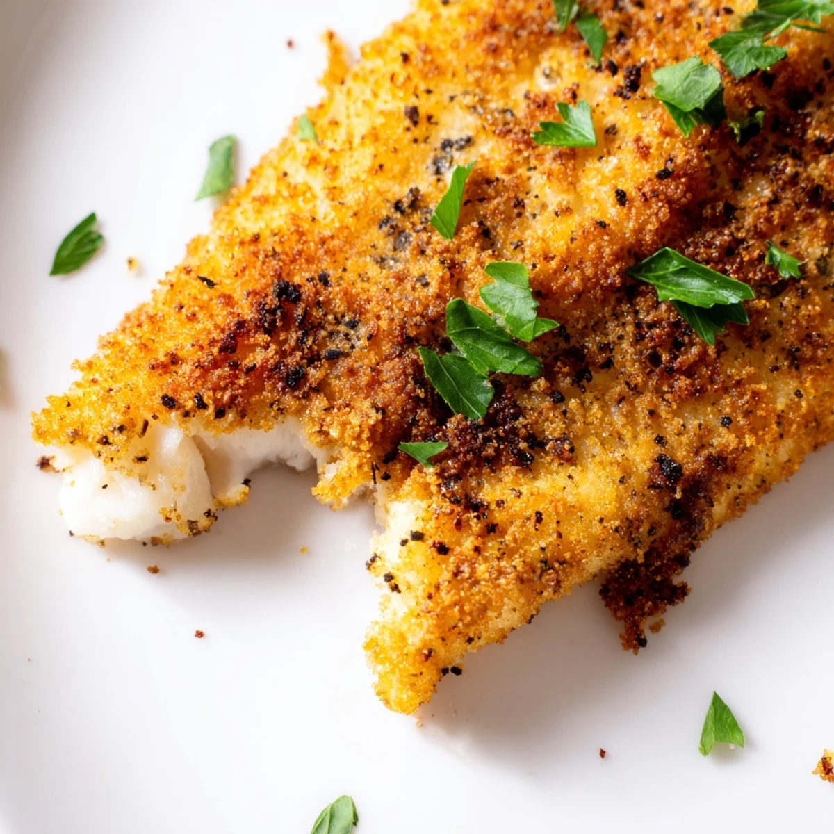 Golden-brown Cajun Fish Fry fillets resting on parchment, showcasing a crispy cornmeal crust and vibrant flecks of seasoning.