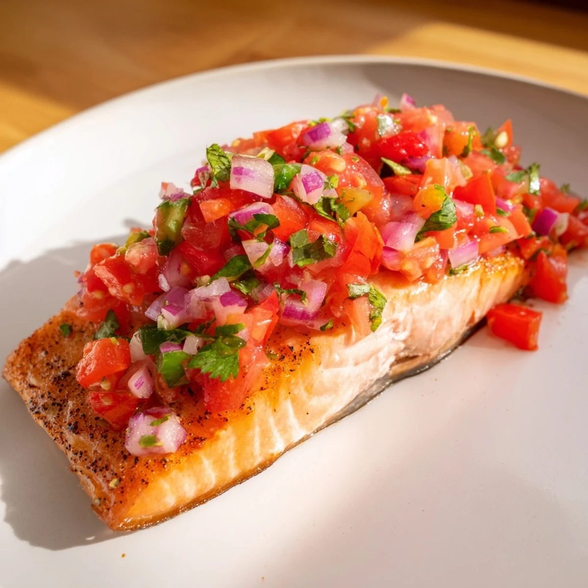 Flaky baked salmon topped with colorful salsa fresca made from diced tomatoes, onions, jalapeños, and lime.