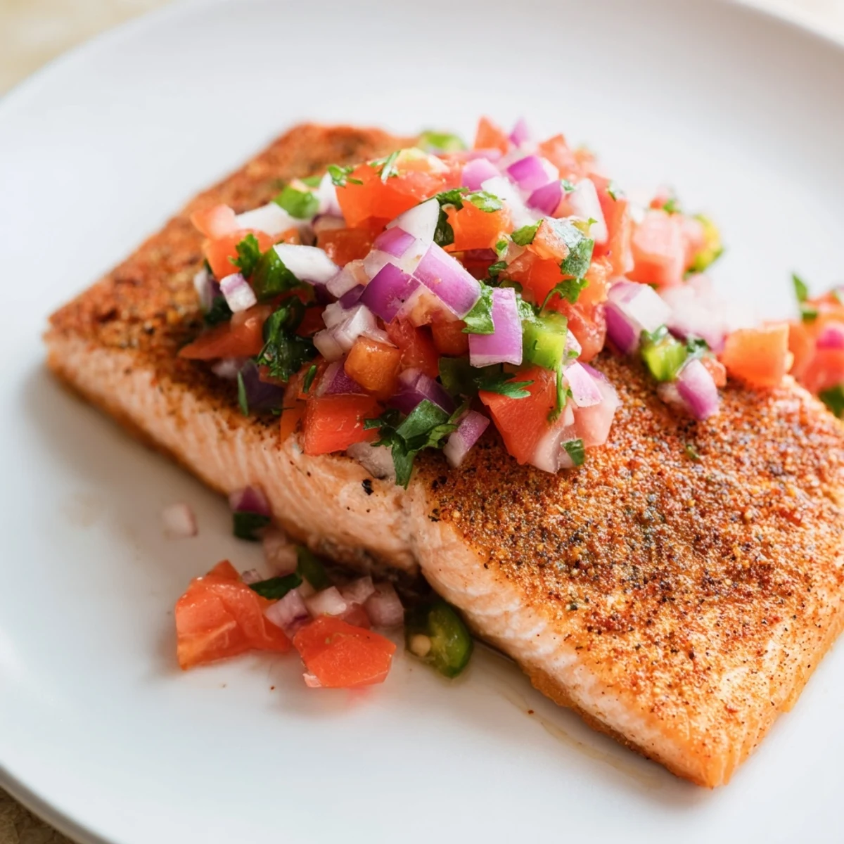 Oven-baked salmon fillets topped with zesty salsa fresca, served with fresh lime wedges and cilantro garnish.
